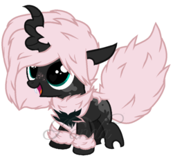 Size: 610x558 | Tagged: safe, artist:ipandacakes, oc, oc only, oc:cootie, changepony, hybrid, chest fluff, curved horn, female, filly, foal, horn, interspecies offspring, leg fluff, magical lesbian spawn, offspring, parent:oc:fluffle puff, parent:queen chrysalis, parents:canon x oc, parents:chrysipuff, solo, watermark