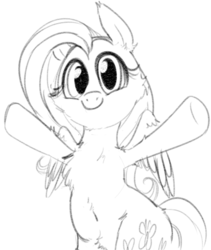 Size: 442x523 | Tagged: safe, artist:dotkwa, fluttershy, pony, g4, bipedal, chest fluff, female, fluffy, grayscale, inviting, looking at you, monochrome, smiling, solo