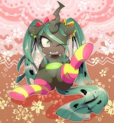 Size: 1000x1071 | Tagged: safe, artist:naoki, queen chrysalis, g4, alternate hairstyle, bow, clothes, cute, cutealis, eye clipping through hair, fangs, featureless crotch, female, hair bow, one eye closed, pigtails, socks, solo, striped socks, twintails, younger