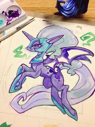 Size: 768x1024 | Tagged: safe, artist:mosamosa_n, nightmare moon, g4, bat wings, emanata, flying, full body, kubrick stare, long tail, side view, solo, spread wings, tail, traditional art, wings