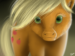 Size: 1600x1200 | Tagged: safe, artist:luminousdazzle, applejack, earth pony, pony, g4, creepy, female, fluffy, looking at you, realistic, rectangular pupil, solo, uncanny valley