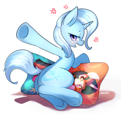 Size: 1456x1371 | Tagged: safe, artist:maren, trixie, twilight sparkle, pony, unicorn, g4, angry, armpits, body pillow, female, lesbian, mare, pillow, ship:twixie, shipping, solo, underhoof