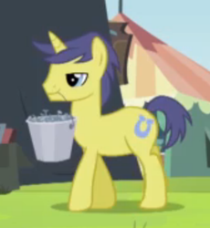Size: 336x365 | Tagged: safe, screencap, comet tail, pony, unicorn, g4, trade ya!, background pony, blurry, bucket, cropped, lidded eyes, male, mouth hold, solo, stallion, wrong cutie mark