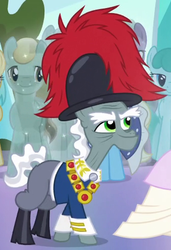 Size: 339x495 | Tagged: safe, screencap, bright smile, castle (crystal pony), commander redfeather, eclair créme, spring melody, sprinkle medley, crystal pony, pony, equestria games (episode), g4, background pony, cropped, elderly, equestria games, feathered hat, male, solo focus, stallion