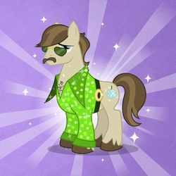 Size: 600x600 | Tagged: safe, screencap, dance fever, earth pony, pony, g4, hearts and hooves day (episode), background pony, clothes, facial hair, hearts and hooves day, male, moustache, solo, stallion, sunburst background, sunglasses, the perfect stallion, too flashy