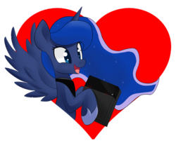 Size: 1800x1467 | Tagged: safe, artist:hidden-cat, princess luna, gamer luna, g4, blushing, cargo ship, female, heart, playstation 4, shipping, solo, spread wings