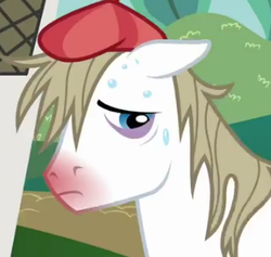 Size: 325x308 | Tagged: safe, screencap, hay fever (g4), g4, hearts and hooves day (episode), background pony, hay fever, hearts and hooves day, red nosed, sick, solo, sweat, the perfect stallion