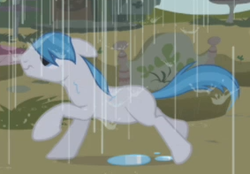 Size: 283x197 | Tagged: safe, screencap, icy drop, earth pony, pony, g4, the ticket master, background pony, blank flank, cropped, male, rain, solo, stallion