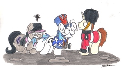 Size: 2413x1380 | Tagged: safe, artist:bobthedalek, dj pon-3, octavia melody, vinyl scratch, oc, earth pony, pony, unicorn, g4, annoyed, backwards cutie mark, camera, clothes, female, guard, hat, male, shirt, tail bite, top hat, tourist, union jack, waving