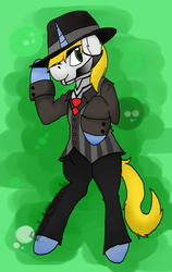 Size: 684x1080 | Tagged: safe, artist:etch a sketch, oc, oc only, oc:rush, pony, unicorn, bipedal, clothes, cosplay, digital art, fedora, hat, necktie, smiling, solo, standing, steam powered giraffe, suit, the spine