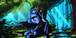 Size: 1600x800 | Tagged: safe, artist:auroriia, princess luna, pony, g4, crepuscular rays, female, forest, prone, solo, spread wings, water