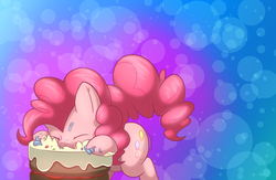 Size: 1280x832 | Tagged: safe, artist:fluffyxai, pinkie pie, earth pony, pony, g4, cake, eyes closed, female, messy eating, solo