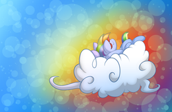 Size: 1280x832 | Tagged: safe, artist:fluffyxai, rainbow dash, pony, g4, cloud, female, on back, solo