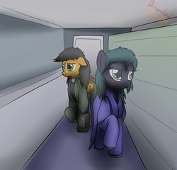 Size: 1280x1229 | Tagged: safe, artist:the-furry-railfan, oc, oc only, oc:elder quazar, oc:twintails, earth pony, pegasus, pony, fallout equestria, fallout equestria: occupational hazards, bunker, clothes, corridor, indoors, pipbuck, steel ranger, story