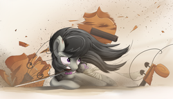 Size: 3500x2000 | Tagged: safe, artist:bugplayer, octavia melody, earth pony, pony, g4, badass, blood, bow, bow (instrument), bowtie, cello, female, fight, high res, injured, mare, mouth hold, musical instrument, solo