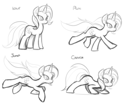 Size: 1239x1053 | Tagged: source needed, safe, artist:reiduran, trixie, pony, unicorn, g4, crouching, female, jumping, mare, monochrome, running, sketch, solo, standing