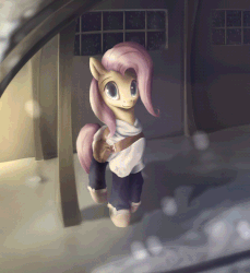 Size: 600x654 | Tagged: safe, artist:rodrigues404, fluttershy, pony, g4, animated, clothes, female, mare, saddle bag, smiling, snow, snowfall, solo, winter