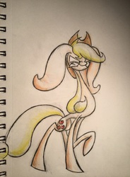 Size: 2396x3264 | Tagged: safe, artist:quantumpinkie, applejack, g4, angry, big ears, concave belly, female, high res, impossibly large ears, lanky, skinny, solo, stylized, tall, thin, traditional art