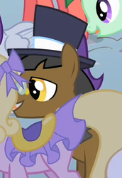 Size: 249x361 | Tagged: safe, screencap, copper coin, spring fresh, sweet dreams (g4), pony, g4, the best night ever, background pony, bow, cropped, hair bow, hat, male, offscreen character, open mouth, open smile, smiling, solo focus, stallion, top hat
