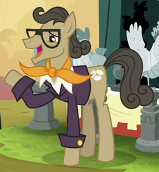 Size: 526x570 | Tagged: safe, screencap, match game, earth pony, pony, g4, trade ya!, background pony, cropped, glasses, male, neckerchief, open mouth, raised hoof, solo, stallion