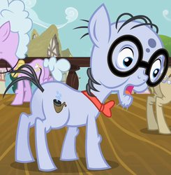 Size: 552x563 | Tagged: safe, screencap, chelsea porcelain, geri, mr. waddle, earth pony, pony, g4, the mysterious mare do well, bowtie, cropped, elderly, glasses, liver spots, male, open mouth, solo focus, stallion