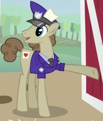 Size: 300x352 | Tagged: safe, screencap, parcel post, post haste, earth pony, pony, g4, the last roundup, blue eyes, brown coat, brown fur, brown hair, brown mane, brown tail, clothes, cropped, hat, mailpony, male, shirt, solo, stallion, tail