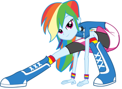 Size: 892x648 | Tagged: safe, rainbow dash, equestria girls, g4, boots, clothes, compression shorts, female, lidded eyes, looking at you, shirt, simple background, skirt, smiling, smiling at you, solo, white background, wristband