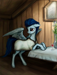 Size: 650x850 | Tagged: safe, artist:lnst01, artist:mindlesshead, oc, oc only, oc:brightsky, pegasus, pony, clothes, cyoa, female, flower, hooves, mare, prpg, solo, table, wings