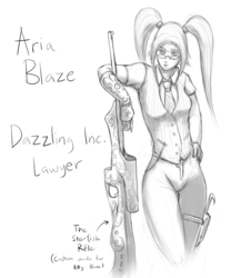 Size: 720x864 | Tagged: safe, artist:figgot, aria blaze, human, equestria girls, g4, female, gun, knife, lawyer, monochrome, rifle, solo, steampunk