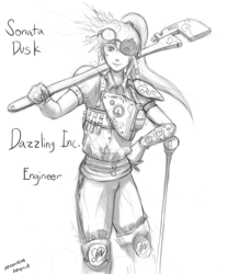 Size: 720x864 | Tagged: safe, artist:figgot, sonata dusk, human, g4, engineer, female, goggles, monochrome, solo, steampunk, wrench