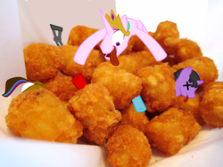 Size: 1024x768 | Tagged: safe, artist:manlyman95, alicorn, pony, crushed, food, open mouth, rule 63, silly, smiling, tater tots, tongue out, wat