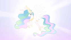 Size: 1366x768 | Tagged: safe, screencap, princess celestia, alicorn, pony, g4, lesson zero, angry, ethereal mane, female, looking down, mare, solo, spread wings, wings