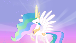 Size: 1366x768 | Tagged: safe, screencap, princess celestia, alicorn, pony, g4, lesson zero, ethereal mane, eyes closed, female, light, magic, magic aura, mare, raised hoof, solo, spread wings, wings