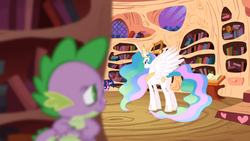 Size: 1366x768 | Tagged: safe, screencap, princess celestia, spike, twilight sparkle, alicorn, dragon, pony, g4, lesson zero, book, bookshelf, ethereal mane, female, golden oaks library, library, male, mare, out of focus, spread wings, wings