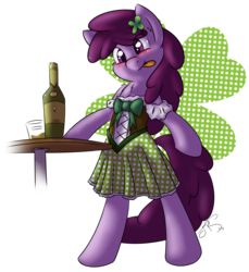 Size: 2213x2415 | Tagged: safe, artist:jorobro, berry punch, berryshine, earth pony, pony, g4, bipedal, blushing, clothes, clover, female, four leaf clover, high res, mare, saint patrick's day, solo, tongue out