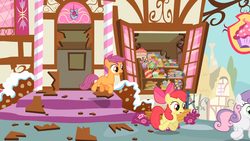 Size: 1366x768 | Tagged: safe, screencap, apple bloom, scootaloo, sweetie belle, earth pony, pony, g4, hearts and hooves day (episode), animation error, cutie mark crusaders, hearts and hooves day, missing wing, wingless