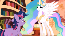 Size: 1366x768 | Tagged: safe, screencap, princess celestia, twilight sparkle, alicorn, pony, unicorn, g4, lesson zero, book, bookshelf, duo, ethereal mane, female, golden oaks library, mare, messy mane, spread wings, unicorn twilight, wings