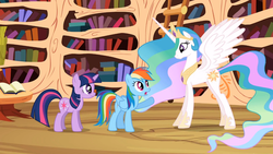 Size: 1366x768 | Tagged: safe, screencap, princess celestia, rainbow dash, twilight sparkle, alicorn, pegasus, pony, unicorn, g4, lesson zero, book, bookshelf, ethereal mane, female, golden oaks library, library, mare, spread wings, trio, unicorn twilight, wings