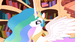 Size: 1366x768 | Tagged: safe, screencap, princess celestia, alicorn, pony, g4, lesson zero, book, bookshelf, ethereal mane, female, mare, solo, spread wings, wings