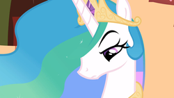 Size: 1366x768 | Tagged: safe, screencap, princess celestia, pony, g4, lesson zero, season 2, bust, celestia is not amused, crown, ethereal hair, ethereal mane, eyebrows, female, frown, golden oaks library, jewelry, looking down, mare, multicolored hair, multicolored mane, portrait, purple eyes, raised eyebrow, regalia, solo, unamused, white coat, white fur, white pony