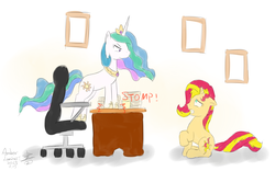 Size: 1920x1200 | Tagged: safe, artist:vanillafox2035, princess celestia, sunset shimmer, pony, unicorn, g4, chair, office chair