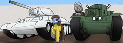 Size: 1280x452 | Tagged: safe, artist:the-furry-railfan, oc, oc only, oc:caution tape, oc:rolling tracks, earth pony, pony, zebra, fallout equestria, fallout equestria: empty quiver, fallout equestria: occupational hazards, clothes, t-34, t-35, tank (vehicle)