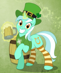 Size: 693x827 | Tagged: safe, artist:brianblackberry, lyra heartstrings, g4, bottomless, clothes, female, grin, hat, levitation, looking at you, magic, mug, partial nudity, raised hoof, saint patrick's day, shirt, smiling, socks, solo, striped socks