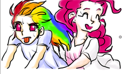 Size: 1024x600 | Tagged: safe, artist:asdf314159265, pinkie pie, rainbow dash, human, g4, bicycle, humanized, sketchy