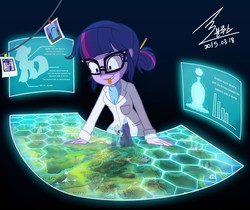 Size: 1000x840 | Tagged: safe, artist:bluse, sci-twi, twilight sparkle, equestria girls, g4, :p, crazy face, engrish, eyes on the prize, faic, female, for science, grin, human twilight snapple, mad science, mad scientist, magic mirror, map, map of equestria, show accurate, smiling, solo, tongue out, twilight snapple, what has science done, wide eyes