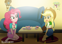 Size: 2508x1780 | Tagged: safe, artist:sumin6301, applejack, pinkie pie, equestria girls, g4, cake, missing shoes, tea, tea party, teacup, teapot