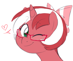 Size: 600x500 | Tagged: safe, artist:redintravenous, oc, oc only, oc:red ribbon, pony, unicorn, bust, cute, female, glasses, mare, portrait, wink