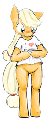 Size: 804x1833 | Tagged: safe, artist:seidouryu, applejack, earth pony, semi-anthro, g4, bipedal, blushing, bottomless, clothes, cute, female, hatless, heart, missing accessory, shirt, solo