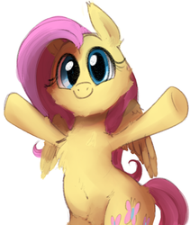 Size: 442x523 | Tagged: safe, artist:dotkwa, fluttershy, pony, g4, bipedal, chest fluff, cute, female, fluffy, hooves in air, inviting, looking at you, shyabetes, simple background, smiling, solo, white background