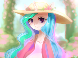 Size: 1600x1200 | Tagged: safe, artist:marinakirby, princess celestia, anthro, g4, clothes, dress, female, hat, looking at you, solo, sun hat